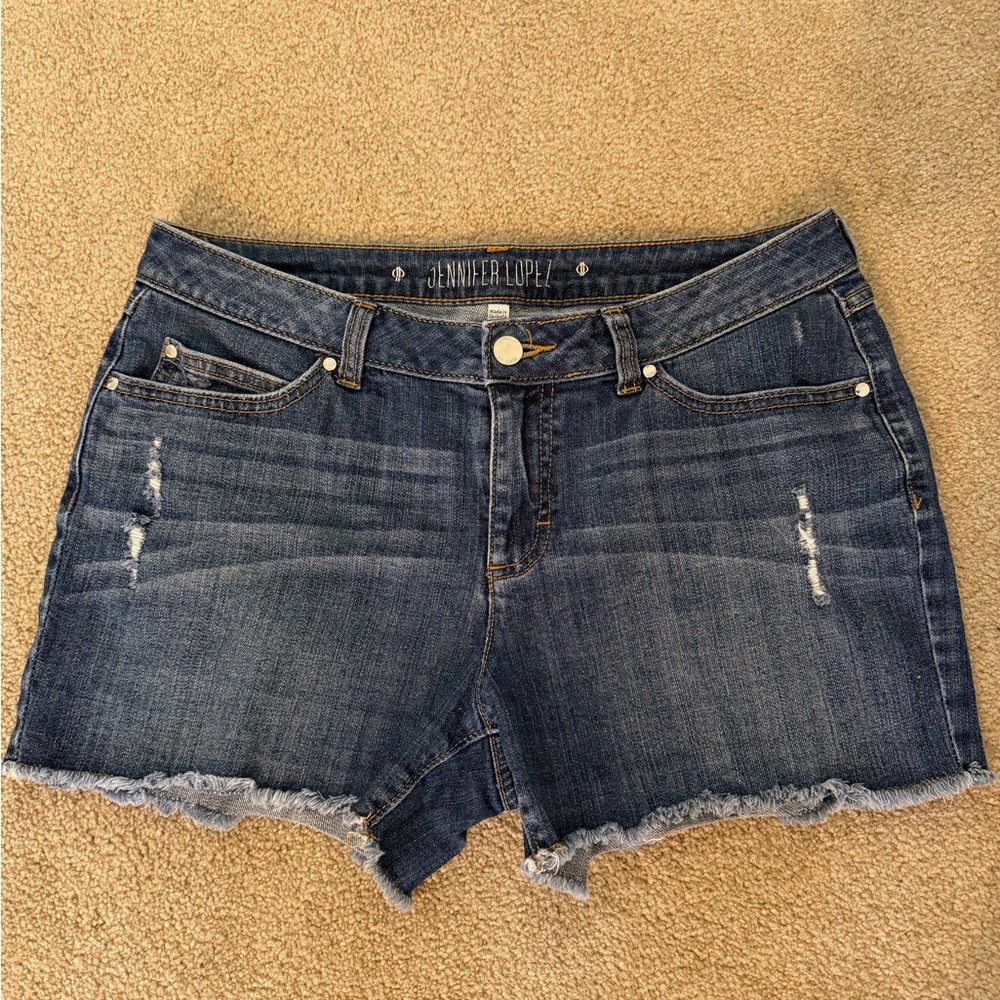 Jennifer Lopez Medium Wash Frayed Hem Denim Shorts
